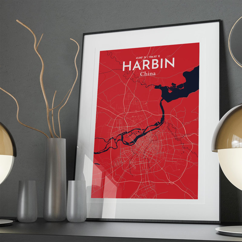 «Harbin City Map», impression, Rouge / bleu marine, H 36 po x l 24 po