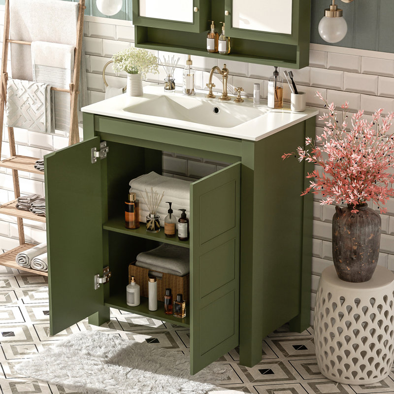 Meuble-lavabo de ferme 30 po avec lavabo en céramique, Vert olive