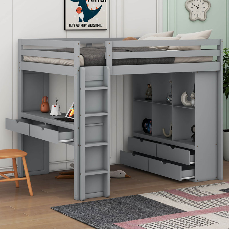 Jameslee Loft Bed with Large Shelves, Writing Desk and LED Light, Full, Gray