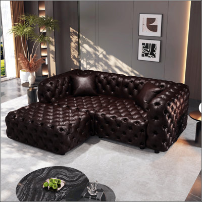 77 Inch Modern Faux Leather Modular 2-Seater Sectional Sofa with Handmade Button Tufting, Ottoman, and Pillows for Living Room Flexibility
