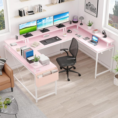 79" U Shaped Desk with Power Outlets & LED Lights, Reversible Corner Computer Desk Office