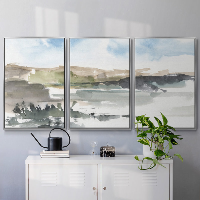 Western Lake Study I - 3 pièces, reproduction sur toile, H 36 po x l 75 po x P 2 po, Argent