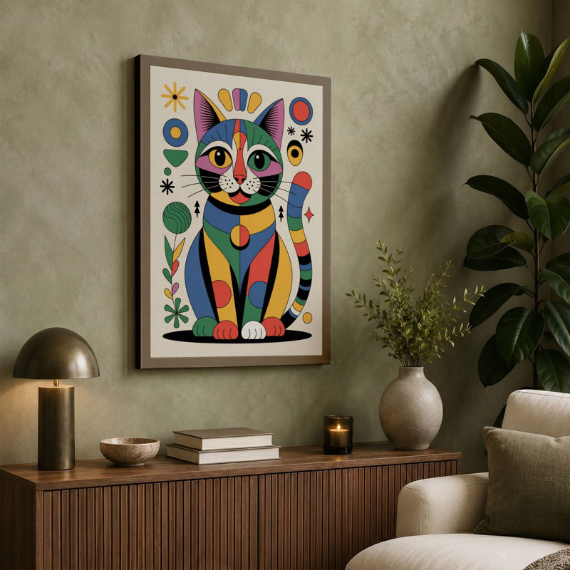 Geometric Feline Folk Retro 1 Piece Wrapped Canvas Wall Art, 30x20 - 76.2 x 50.8 cm, Sage Border