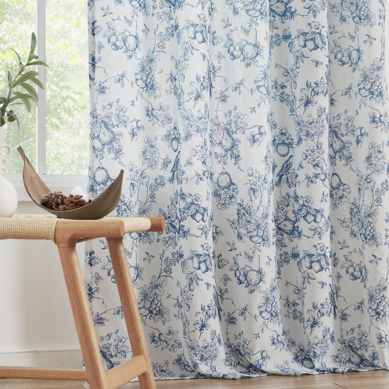 Linen Blend Farmhouse Floral Curtains Semi Sheer French Country Curtain Panels, Blue, 50" W x 84" L