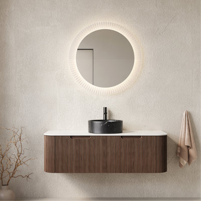 Meuble-lavabo 48 po, meuble-lavabo rayé à bords arrondis avec 2 tiroirs, lavabo rond en céramique noir pierre et plateau en pierre frittée blanche, noyer foncé pré-assemblé