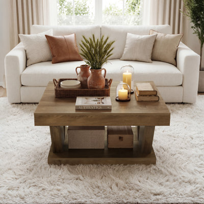 39.4" Square Coffee Table, 2-Tier Center Table for Living Room