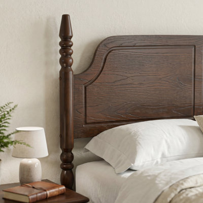 Elorien Queen Size Modern Farmhouse Solid Wood Platform Bed Frame, ERB-42-Q, with Turned Spindle & Panel Headboard, Espresso Oak, No Box Spring Needed