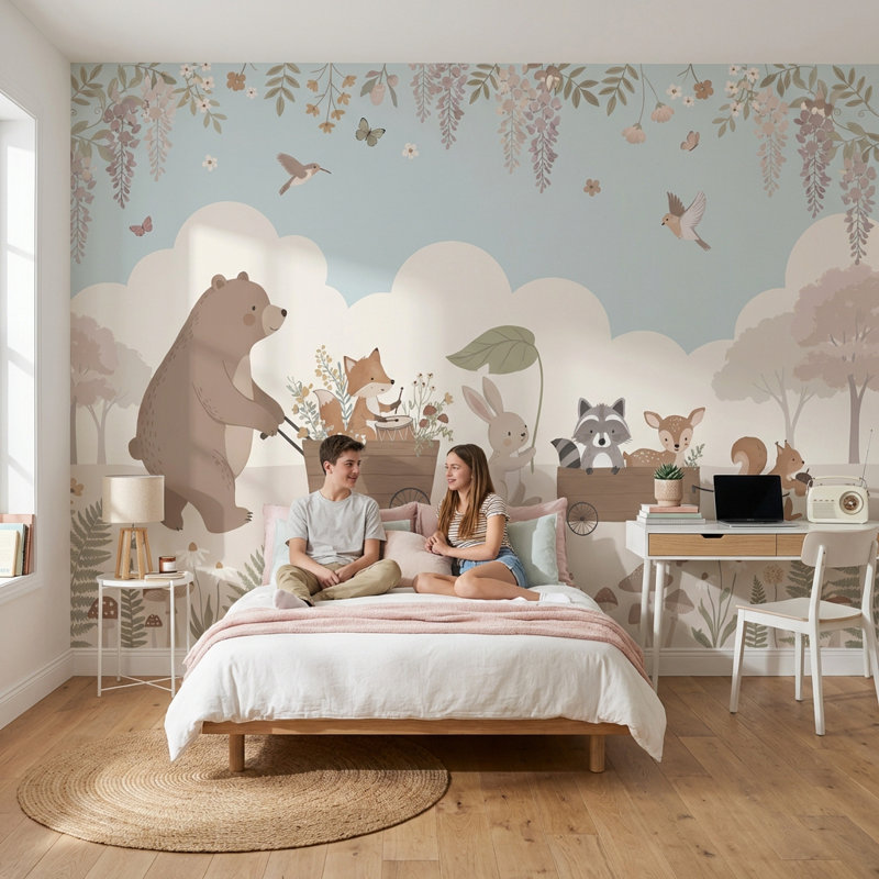 Whimsical Animals Wallpaper Pastel Nature Wall Mural, 140"x108", Peler et coller