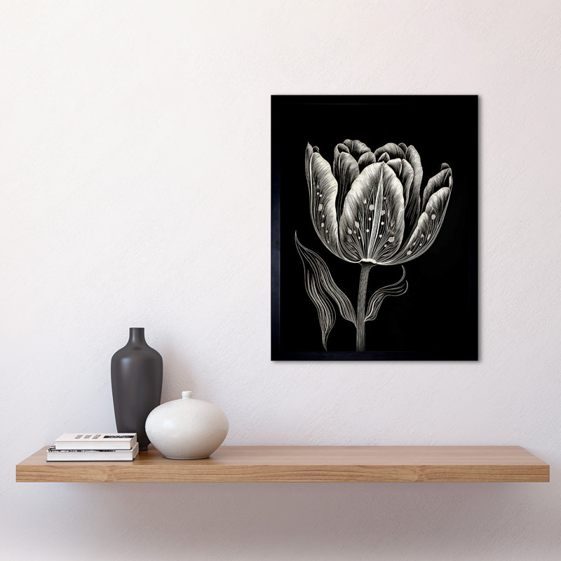 Koge Tulip Flower White On Black Blind Contour Folk Art - Single Picture Frame Print