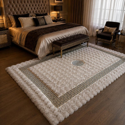 Luxury Beige Plush Rug, Ornamental Silver Border, Soft Faux Fur Carpet, Elegant Home Decor