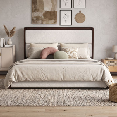 Wood Platform Bed with Upholstered Headboard