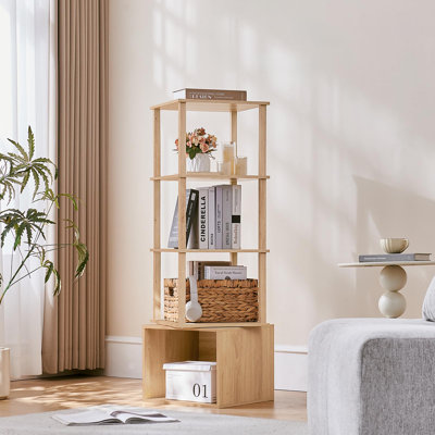 4 Tier Rotating Bookshelf with Storage Cabinet, 360° Display Revolving Bookcase, Square Spinning Book Shelf Tower Organizer, Freestanding Wooden Bookshelves for Small Space, Bedroom Living Room (Natural)