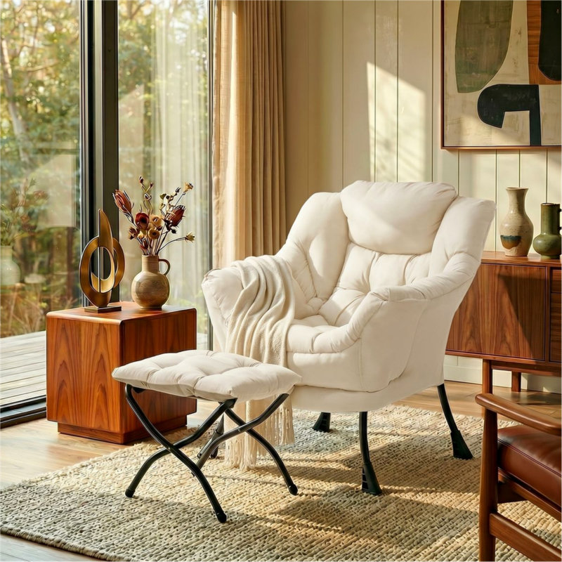 Fauteuil Lazy avec repose-pieds pliable, méridienne moderne et confortable, grand fauteuil avec repose-pieds et une poche latérale, fauteuil de lecture avec repose-pieds pour chambre à coucher, salon, dortoir (beige)