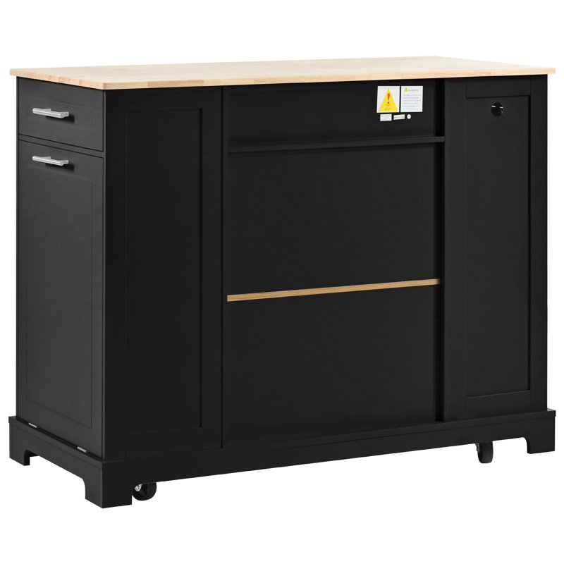 Fluted Kitchen Island With Trash Can Storage Cabinet, Black
