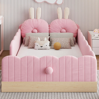 Lit plateforme tapissier simple pour enfants avec coussins moelleux, sacs de rangement et structure en bois robuste, rose