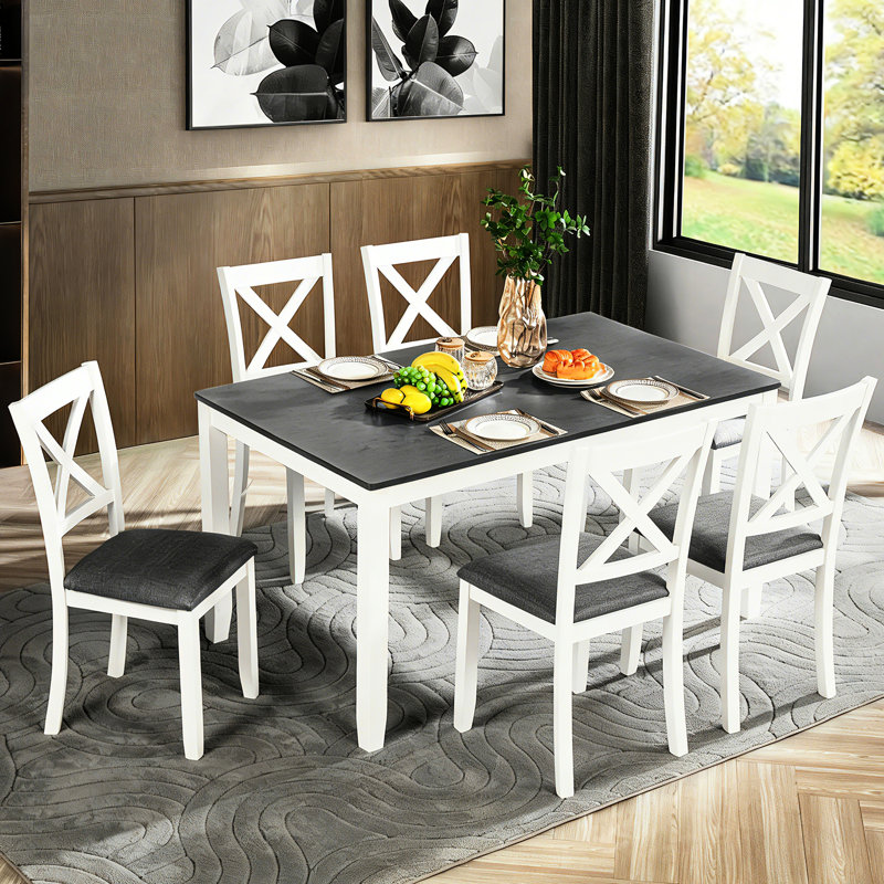 6 tables de salle à manger, table de 58,5 pouces, 6 chaises, gris et blanc, sièges en lin massif, respirant et résistant aux rayures avec 7 sièges élégants et modernes