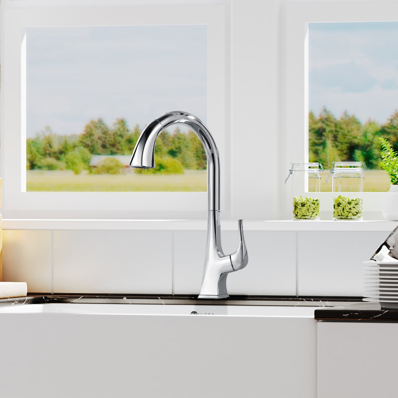 Quest Collection High-Arc Single Handle Kitchen Faucet with 2-Function Pull-Down Spout Sprayer - Chrome Polished