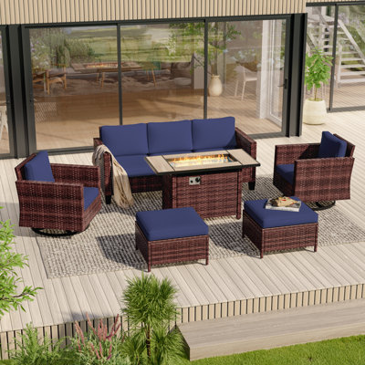 6 Piece Patio Sofa with Rectangle Fire Pit Table and Ottomans by Rosebay