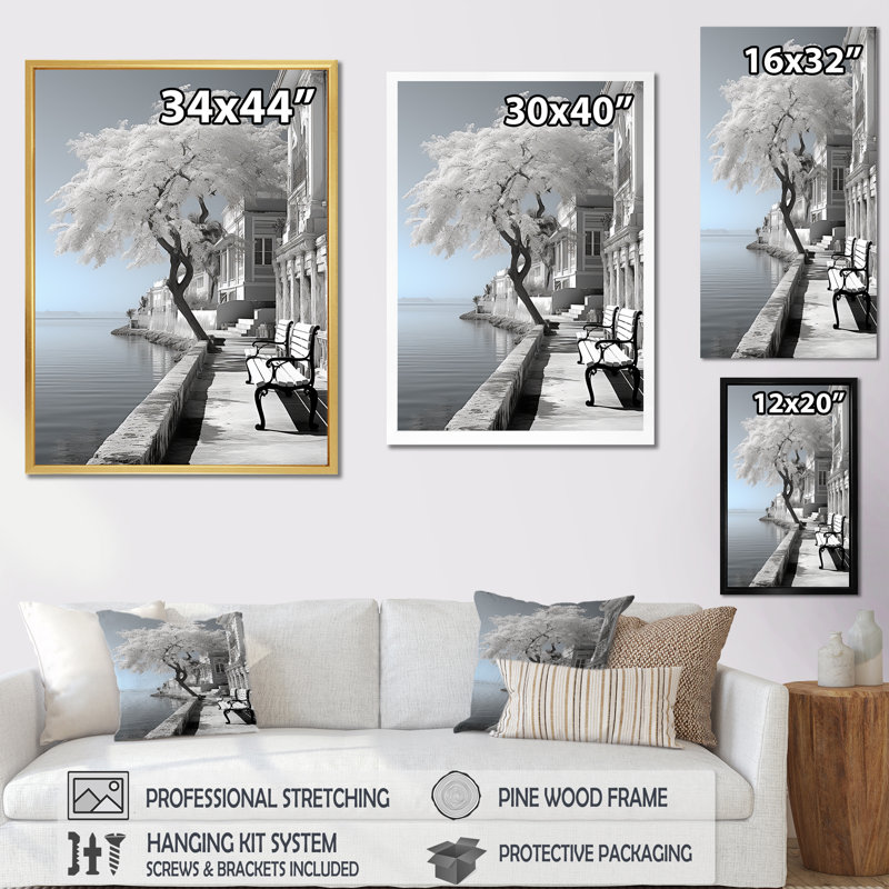 Paysage cubique monochrome bleu et gris II sur toile, Cadre simple blanc, H 20 po x l 12 po x P 1 po