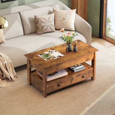 Lift Top Coffee Table with 2 Drawers, Hidden Compartment & Open Storage Shelf, Rustic Wooden Lift Tabletop Centre Table for Living Room