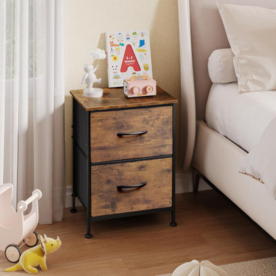 Small Nightstand With 2 Drawers And Fabric Bins In Rustic Brown