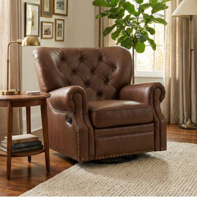 38" W Tufted Leather 270° Swivel Oversized Leather Recliner