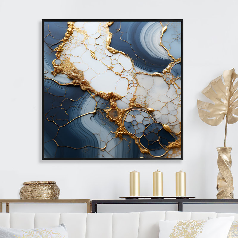 Art abstrait doré et bleu liquide III - encre liquide, art mural abstrait, Cadre flottant noir, H 16 po x l 16 po x P 1 po