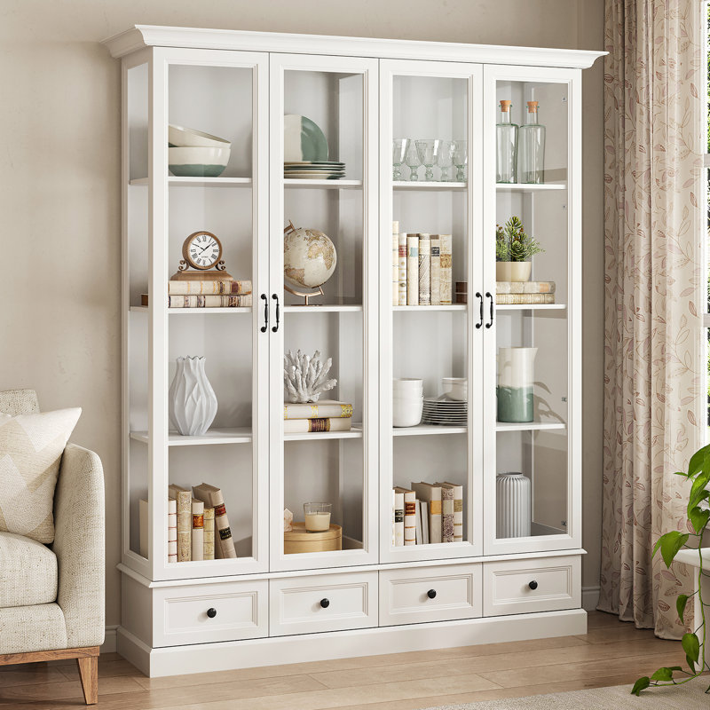 78'' Tall Display Cabinet With 4 Drawers And Adjustable Shelves, White