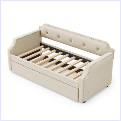 Herzberg Linen Upholstered Tufted Wooden Space Saver Daybed with Trundle