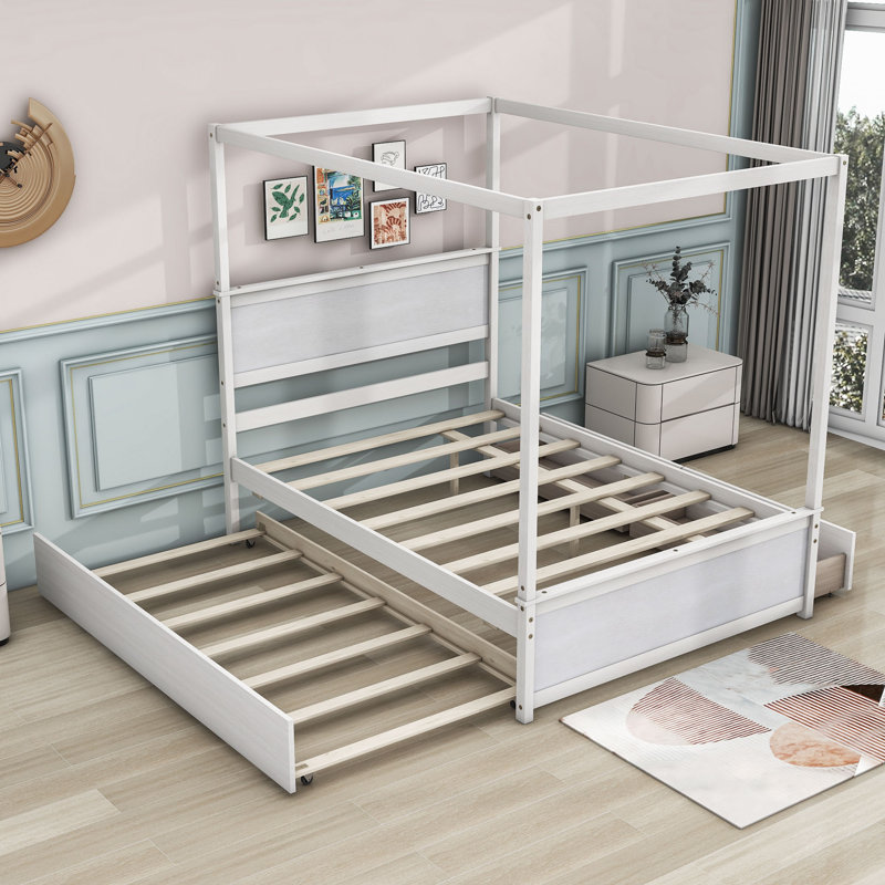 Sahdia Full Size Wood Canopy Bed with Two Drawers and Trundle, Brushed White