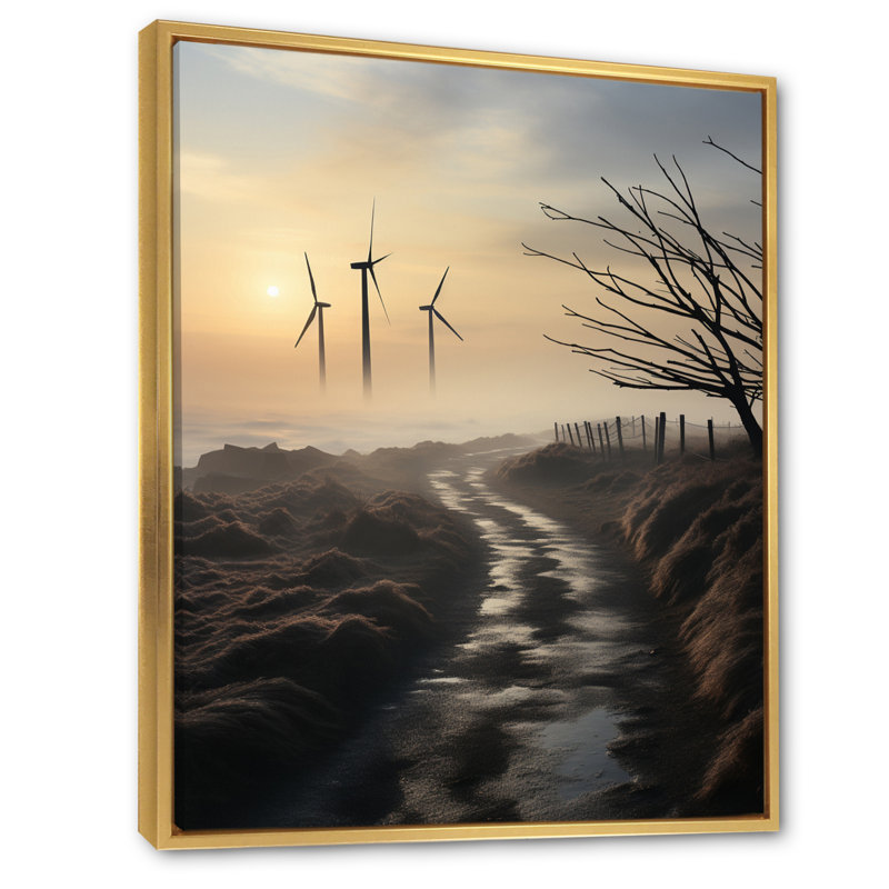 Wind Turbines Twilight sur toile, H 40 po x l 30 po x P 1,5 po, Cadre flottant doré