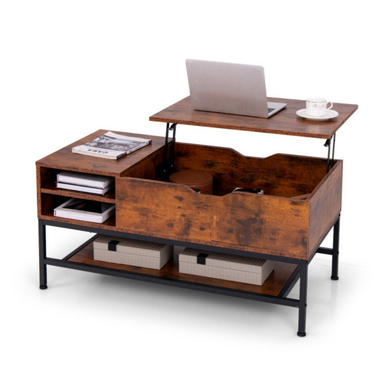 Table basse à plateau relevable avec compartiment caché et tablette de rangement amovible