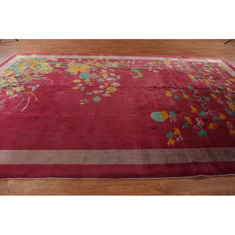 Tapis oriental en laine à teinture végétale Art Deco noué à la main 9 x 14