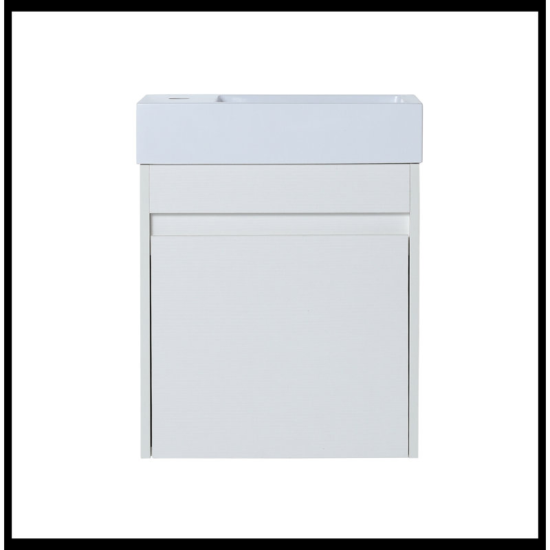 Meuble-lavabo mural 18 po avec lavabo en résine blanche et porte d'armoire à fermeture en douceur 18 po, Grain droit blanc