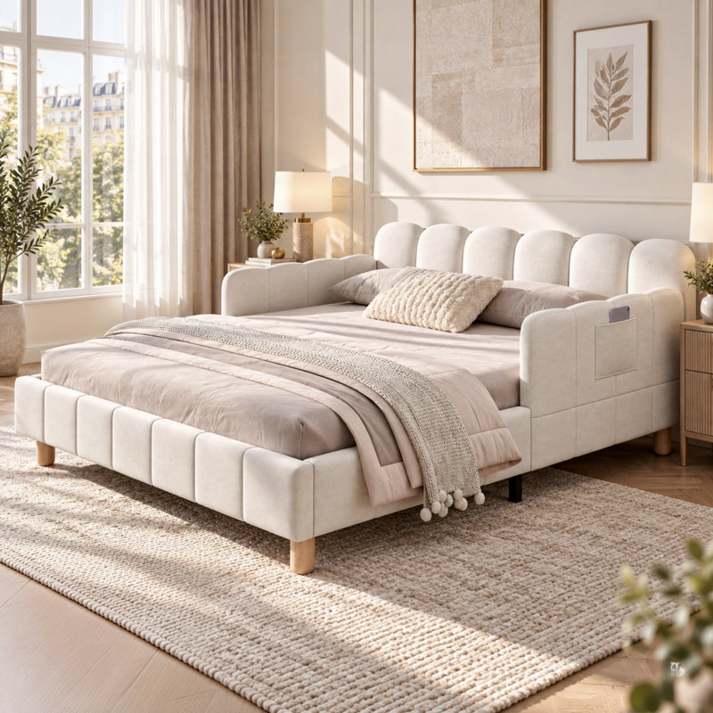 Velvet Bed Frame with Adjustable Side Panels & Storage Pockets, Single, Beige