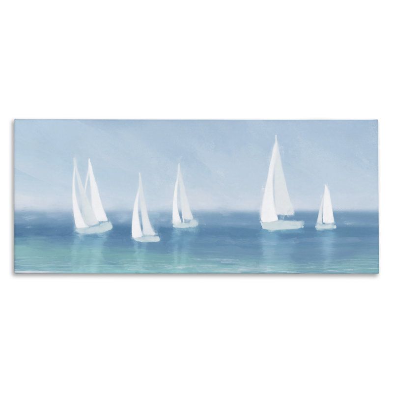 «White Sail Boat Across Soft Blue Coast» par Dan Meneely - impression, H 20 po x l 48 po