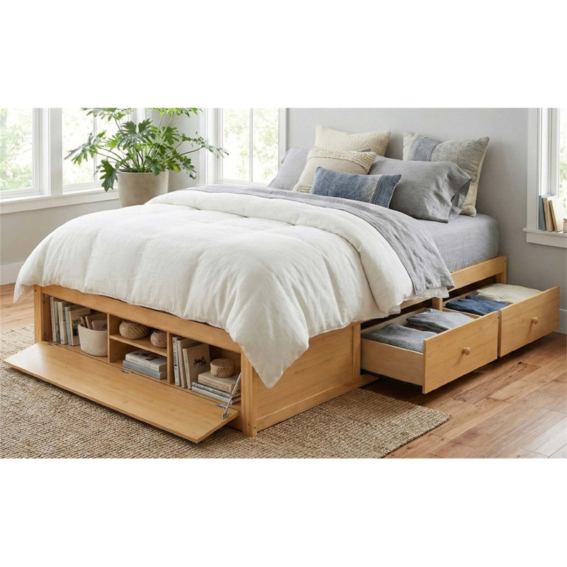 Queen Size Platform Bed Frame With 4 Storage Drawers And Hydraulic Lift Footboard Storage, No Headboard, Modern Space-Saving Design-Natural