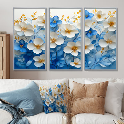Whie On Velvet Blue Poppies Field II - Art mural coquelicots - ensemble de 3