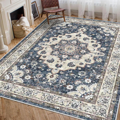 Tapis de couloir lavable: tapis antidérapants orientaux pour le salon d'entrée Tapis de salle de bain long résistant aux taches florales Tapis de salle de bain à poils courts pour la salle à manger (bleu)