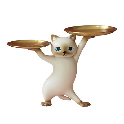 Modern Cat Resin Figurine With Gold Desk Storage Tray