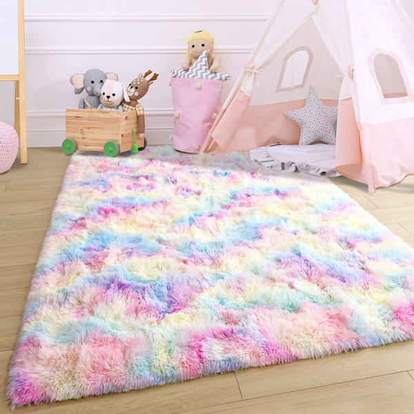 Fluffy Kids Rug for Girls Bedroom Carpets, Colorful Tie Dye Fuzzy Rugs for  Teens Dorm Shaggy Nursery Area Rug ,Yellow Purple, 5x8 Feet 