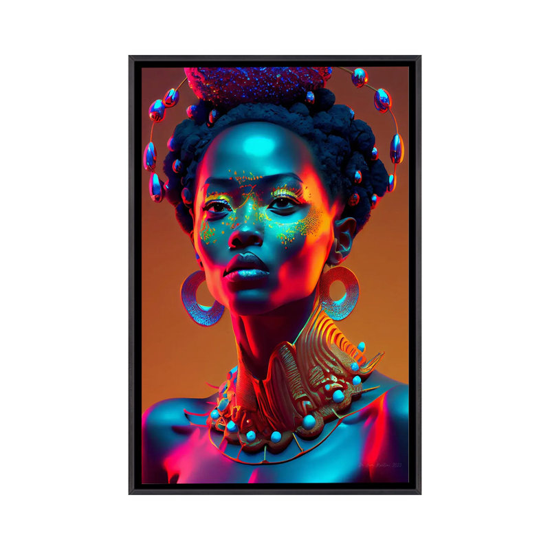 Afrofuturist, reine de la royauté africaine I, Toile encadrée flottante noire patinée, H 26 po x l 18 po x P 1,5 po