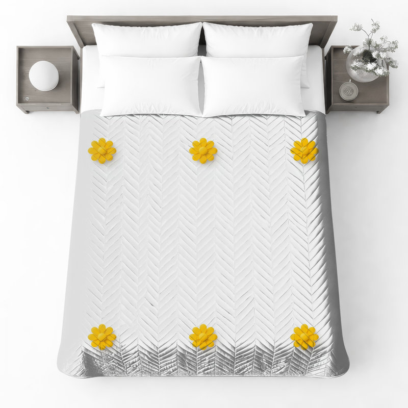 Couvre-lit matelassé à motif de fleurs jaunes toutes tailles, Lit simple