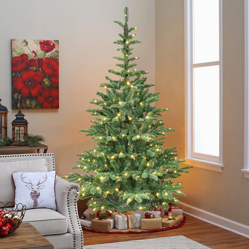 Arbre de Noël illuminé 5 pi avec 200 lumières DEL blanc chaud, 403 pointes en PE + PVC, aspect réaliste en couches, base en bois unique - arbre de Noël artificiel complet pour la décoration intérieure