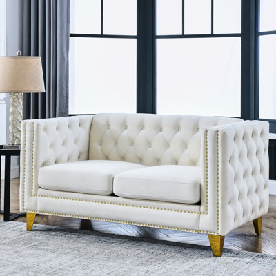 Beige Velvet Living Room Furniture: Square Arm With Button Tufting And Metal Support Armrest : , Legs, For Home Decor