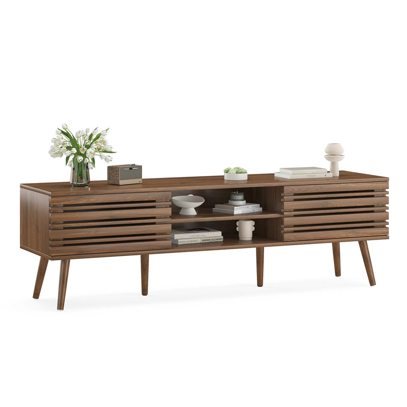 Mid Century Storage TV Stand For Tvs Up To 70", Brown Wood