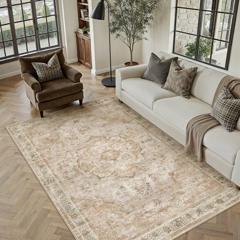 Vintage Distressed Medallion Washable Area Rug With Non-Slip Backing, Beige, Rectangle 5' x 7'