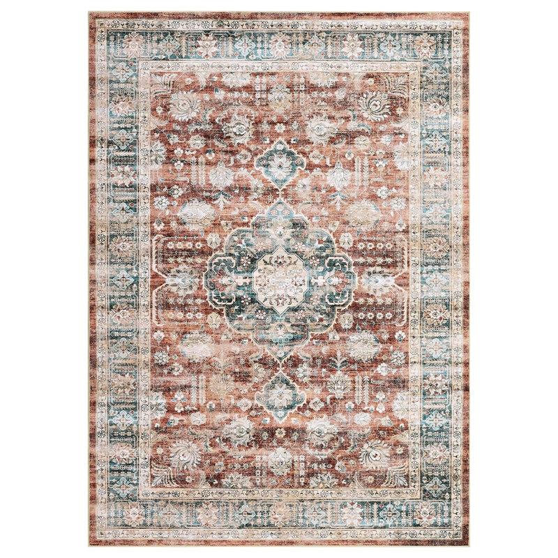 Large Dining Room Rugs 10x13 Medallion Accent Carpet with Non Slip Backing, Non Shedding Traditional Indoor Mats, Machine Washable Thin Floor Cover for Bedroom, Kitchen