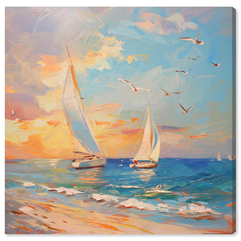 Sailboats in the Sunset Coastal 12" x 12" Canvas Wall Art