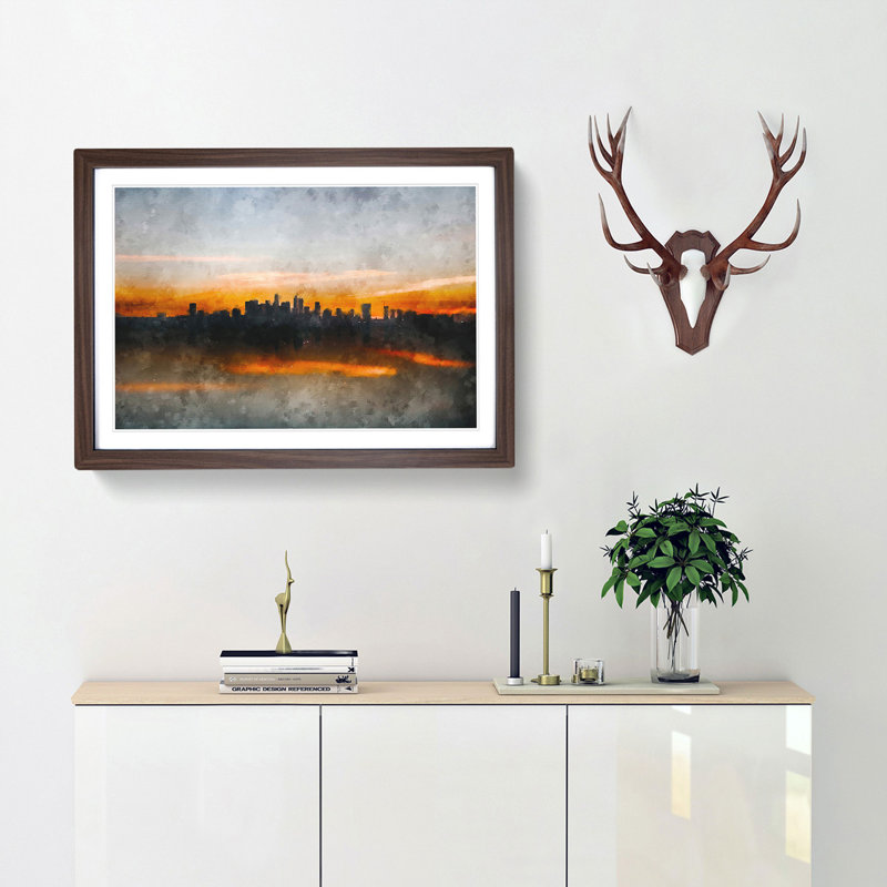 Sunrise over Los Angeles Skyline - Picture Frame Painting Print, 62cm H x 87cm W x 2cm D, Walnut Framed